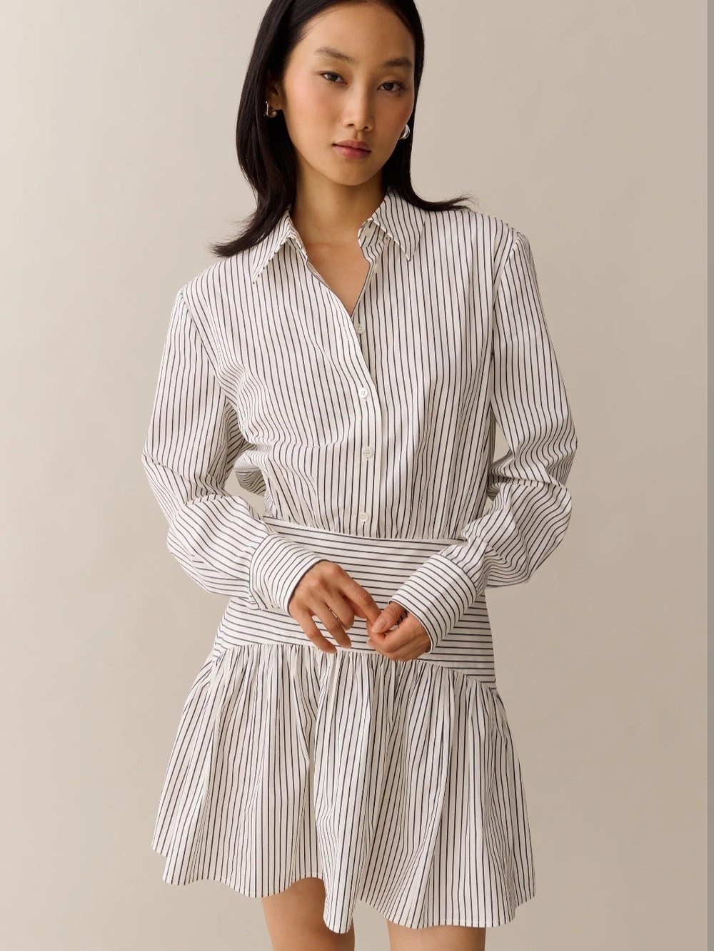 Striped White and Black Long-Sleeve Shirt Dress
